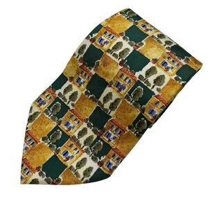 Dunhill Silk Necktie Men's Tie Houses Trees Green Yellow Ivory Made in Italy